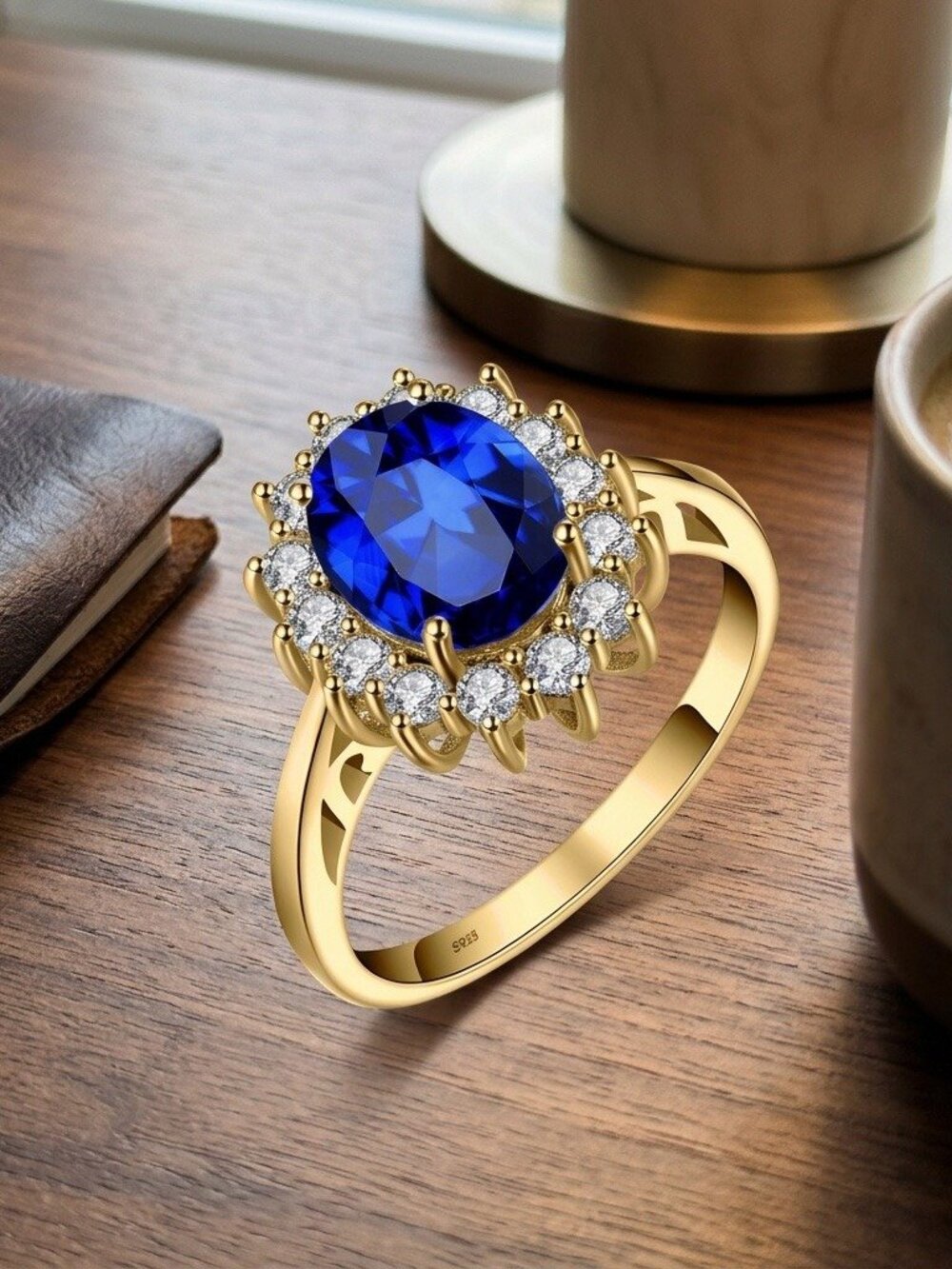 Blue Sapphire Halo Ring Gold Plated Sterling Silver Oval Royal Engagement Ring